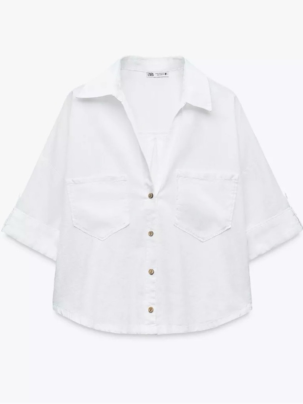 Zara Linen Blend Button Down Cropped shirt Sleeve Shirt